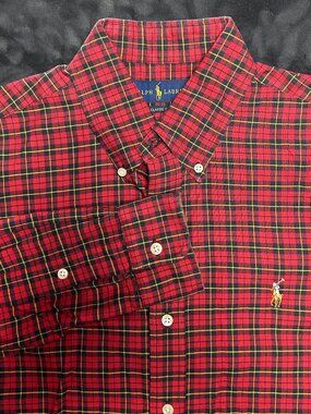 Ralph Lauren Classic Fit Shirt S Red Navy Mini Check Plaid Long Sleeve Cotton